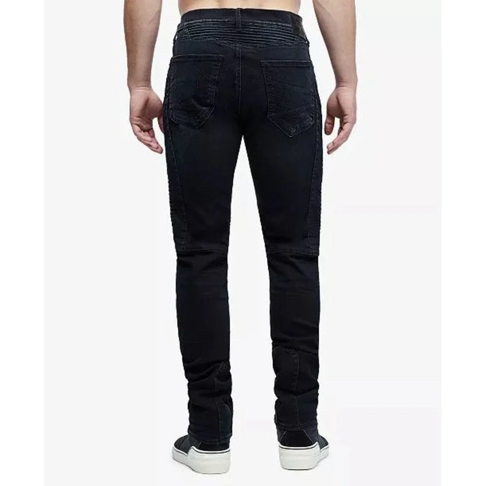 True Religion Mens 38 Rocco Classic Slim Moto Jeans Blue Black Ribbed‎ 36x33